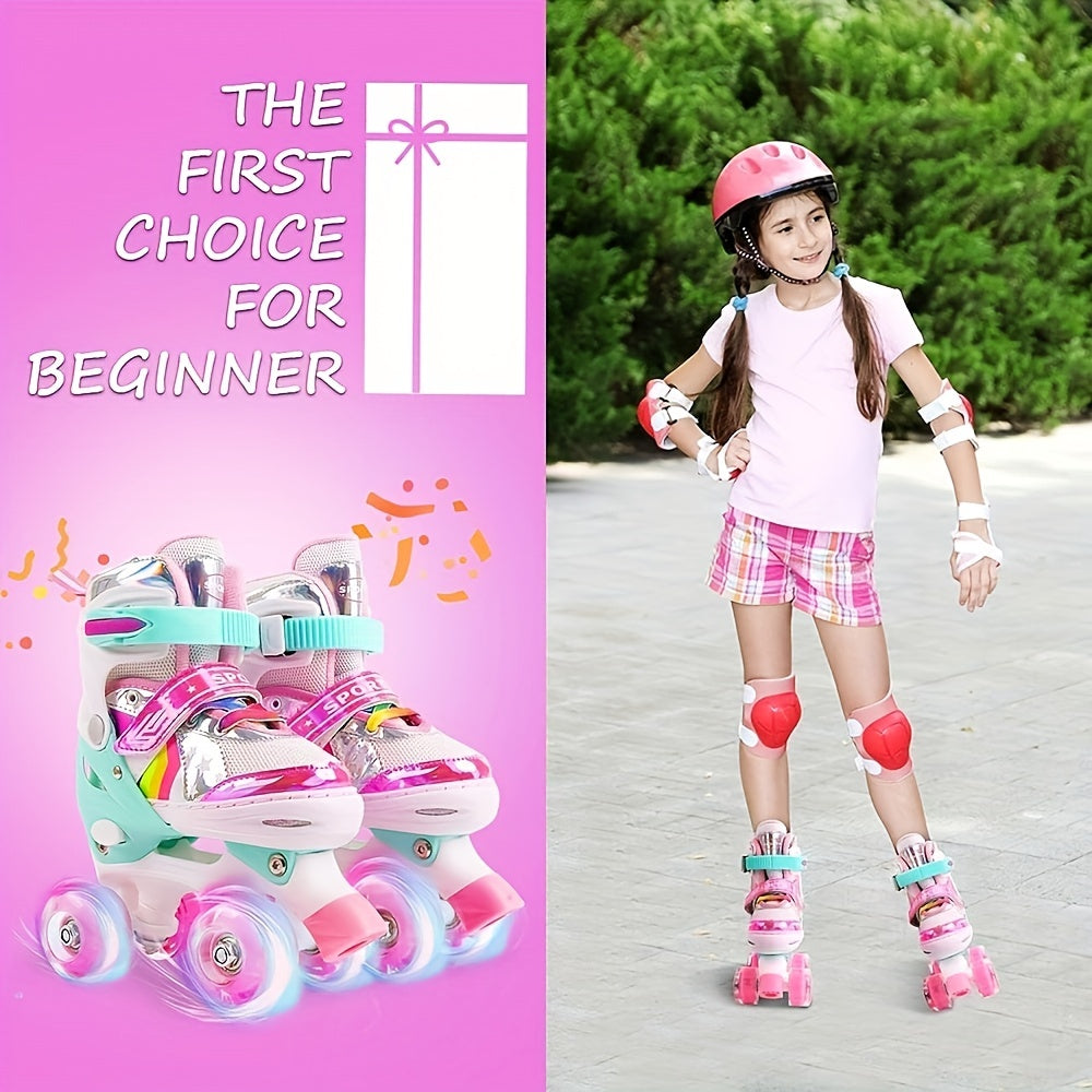 Kids Adjustable Roller Skates 4 Light Up Wheels Lace Up Full Protection Shoes