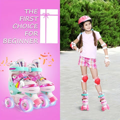 Kids Adjustable Roller Skates 4 Light Up Wheels Lace Up Full Protection Shoes