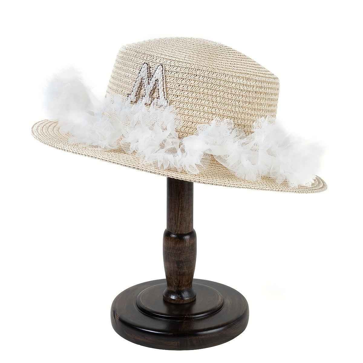 Khaki Lace Sun Hat with Faux Pearl M Detail