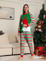 Cartoon Print Christmas Pajama Set Long Sleeve Crew Neck Top & Striped Pants