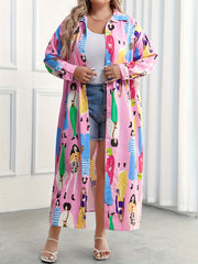 Women's Plus Cartoon Figure Print Button Up Long Sleeve M