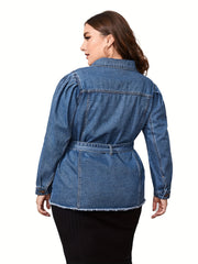 Sporty Denim Top Plus Size Long Puff Sleeve Lapel Collar Button Up