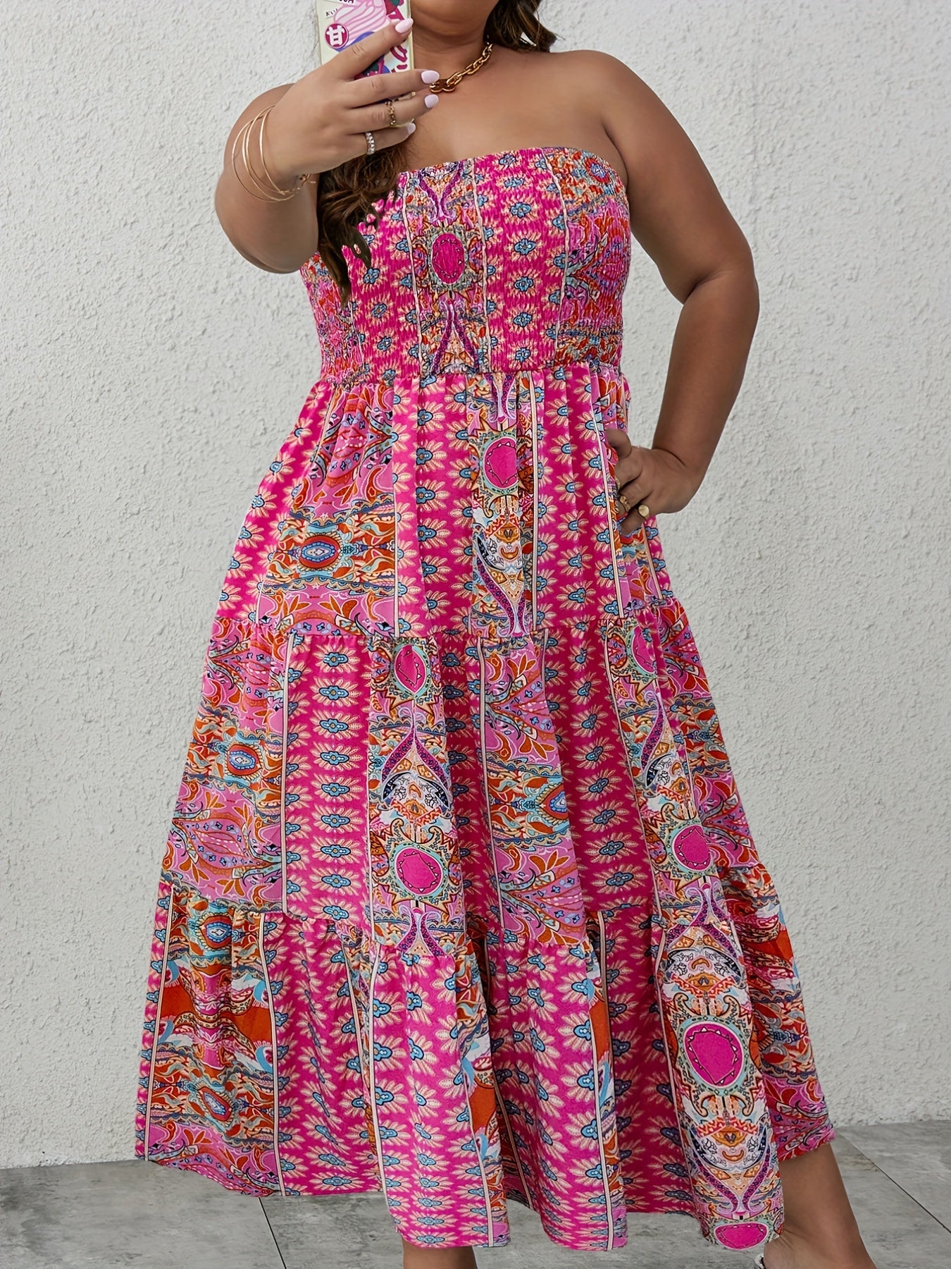 Boho Tube Dress Women's Plus Shirred Tribal Print Ruffle Trim