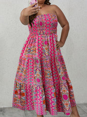 Boho Tube Dress Women's Plus Shirred Tribal Print Ruffle Trim