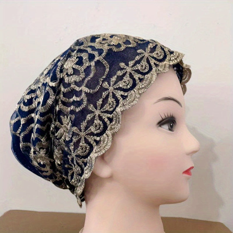 Double Layer Lace Turban Cap Embroidery Head Wrap Mesh Beanie Women Elastic Bonn