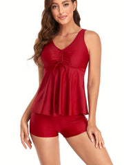 Drawstring Tankini Set V Neck Boxer Short Bottom 2-Piece Swimsuit