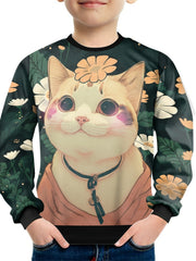 Floral & Cat Print Kid's Sweatshirt Unisex Pullover Casual Top