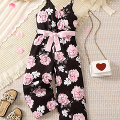 Toddler Girls Flowers Graphic Belted Cami Rompers Wide Leg Jumpsuits