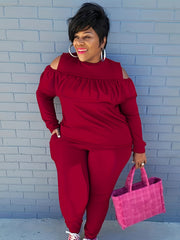Ruffle Trim Cold Shoulder Top & Leggings Set