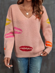 Women's Plus Kiss Print V Neck Sweater