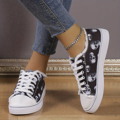 Skull Pattern Canvas Shoes Lace Up Low Top Flat Lightweight Halloween Shoes