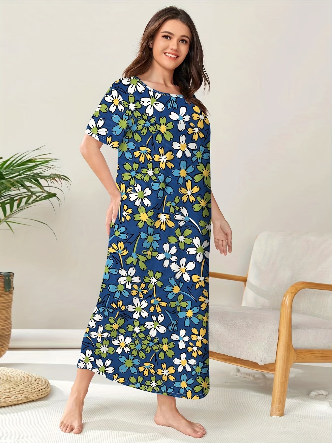Colorful Floral Print Plus Size Lounge Dress