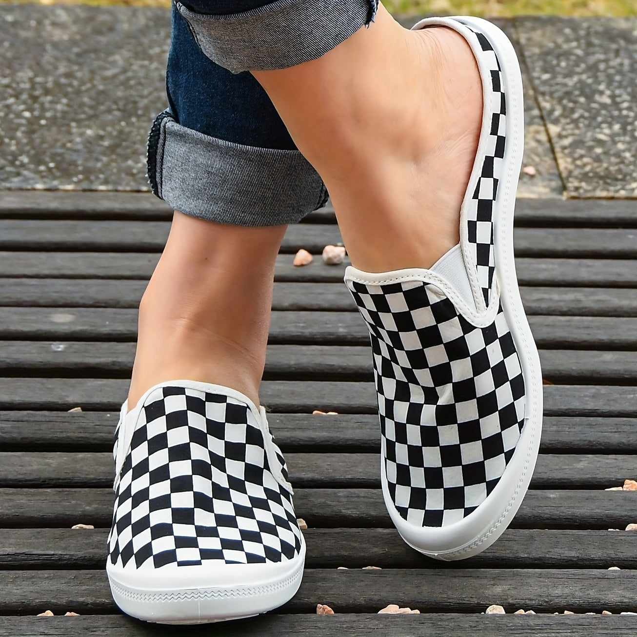 Checkboard Slip On Casual Shoes Lightweight Breathable Sport Running Sho