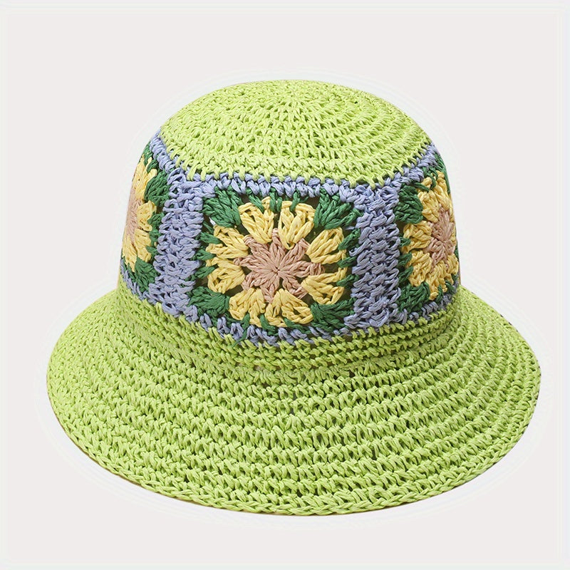 Green Flower Crochet Bucket Hat Breathable Straw Beach Travel Sun Hat