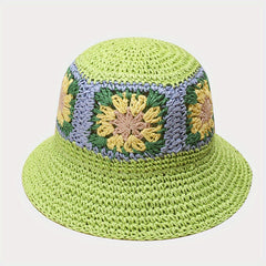 Green Flower Crochet Bucket Hat Breathable Straw Beach Travel Sun Hat