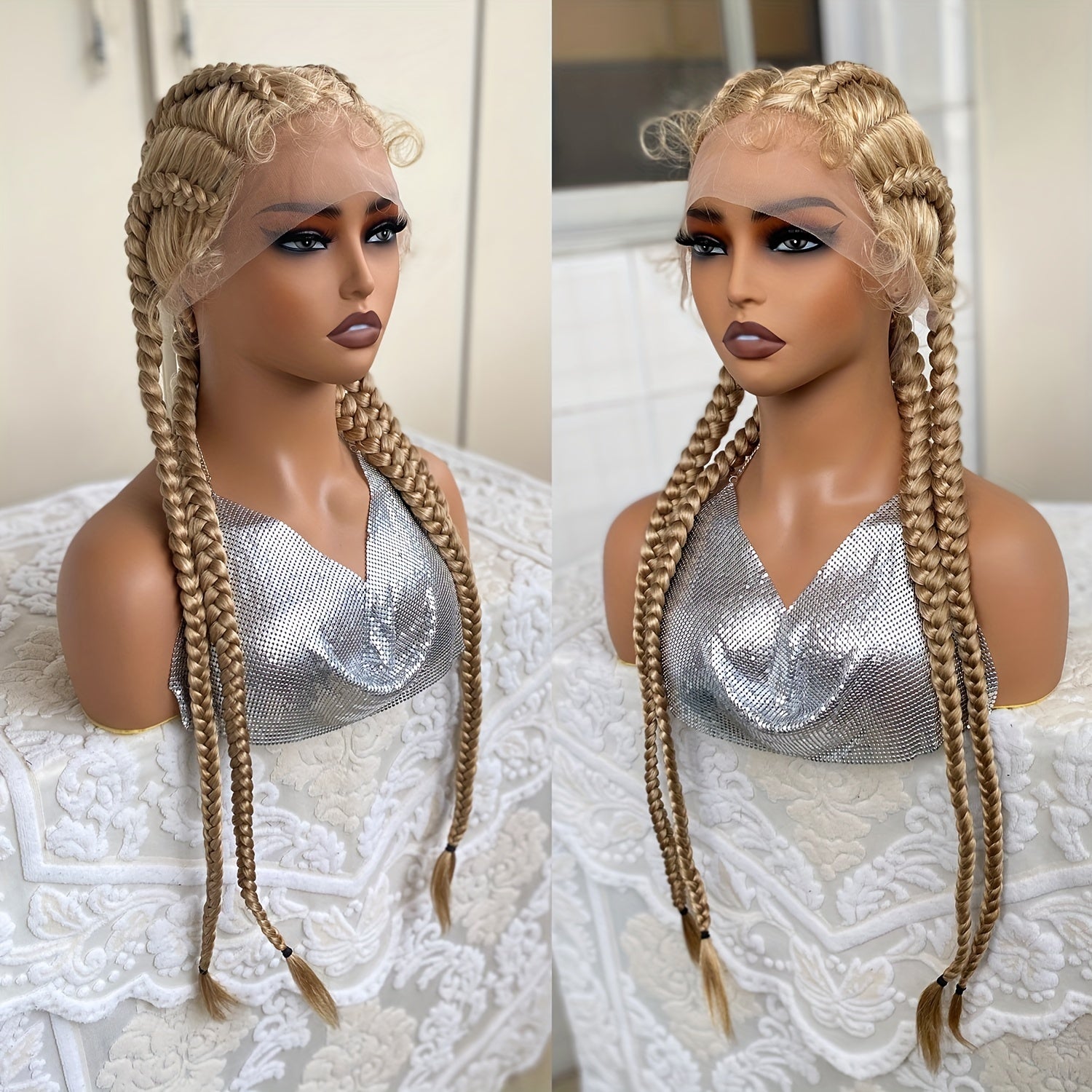 Synthetic Lace Front Wig Braided Wigs With Baby Hair 28 Cm Blonde Burgundy Brown