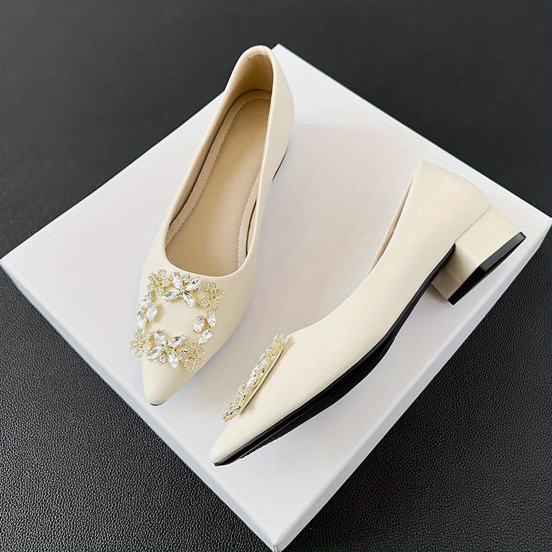 Rhinestone Decor Point Toe Slip On Low Heel Shoes