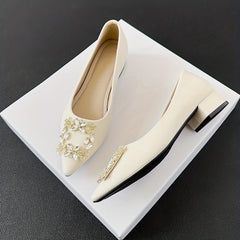 Rhinestone Decor Point Toe Slip On Low Heel Shoes