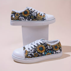 Floral & Leopard Print Lace-Up Low Round Toe Lightweight Flat Shoes