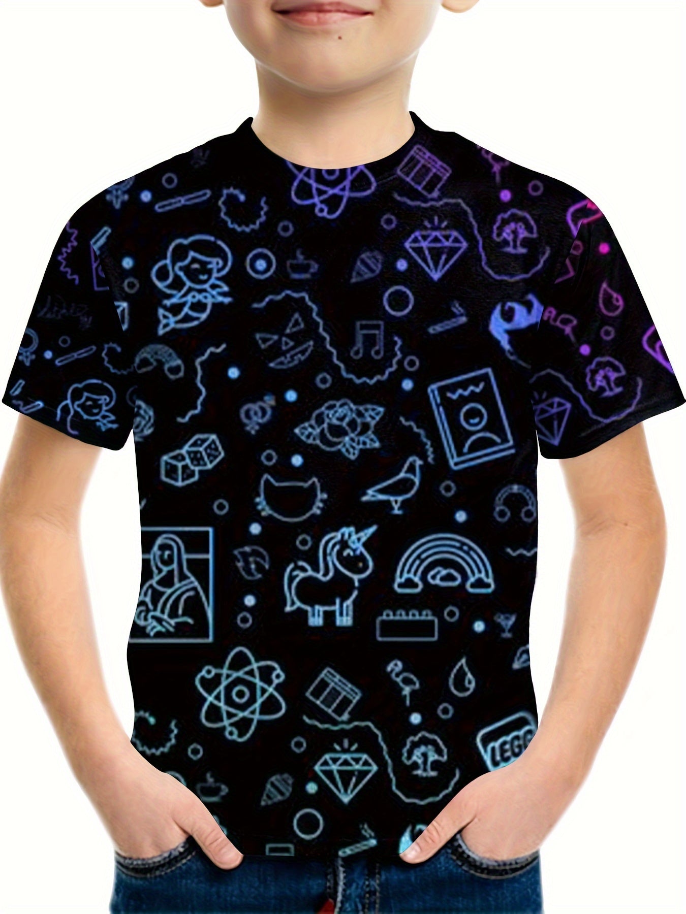 Boys Line Drawing Print Tee Short Sleeve Round Neck T shirt