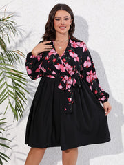 Floral Print Lantern Sleeve Knee Length Dress