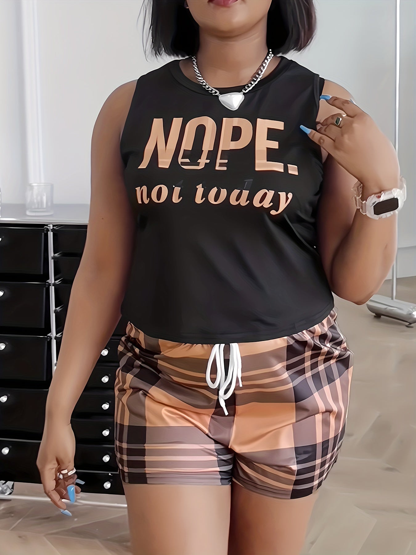 Plaid Letter Print Tank Top & Shorts 2 Piece Set