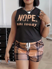 Plaid Letter Print Tank Top & Shorts 2 Piece Set