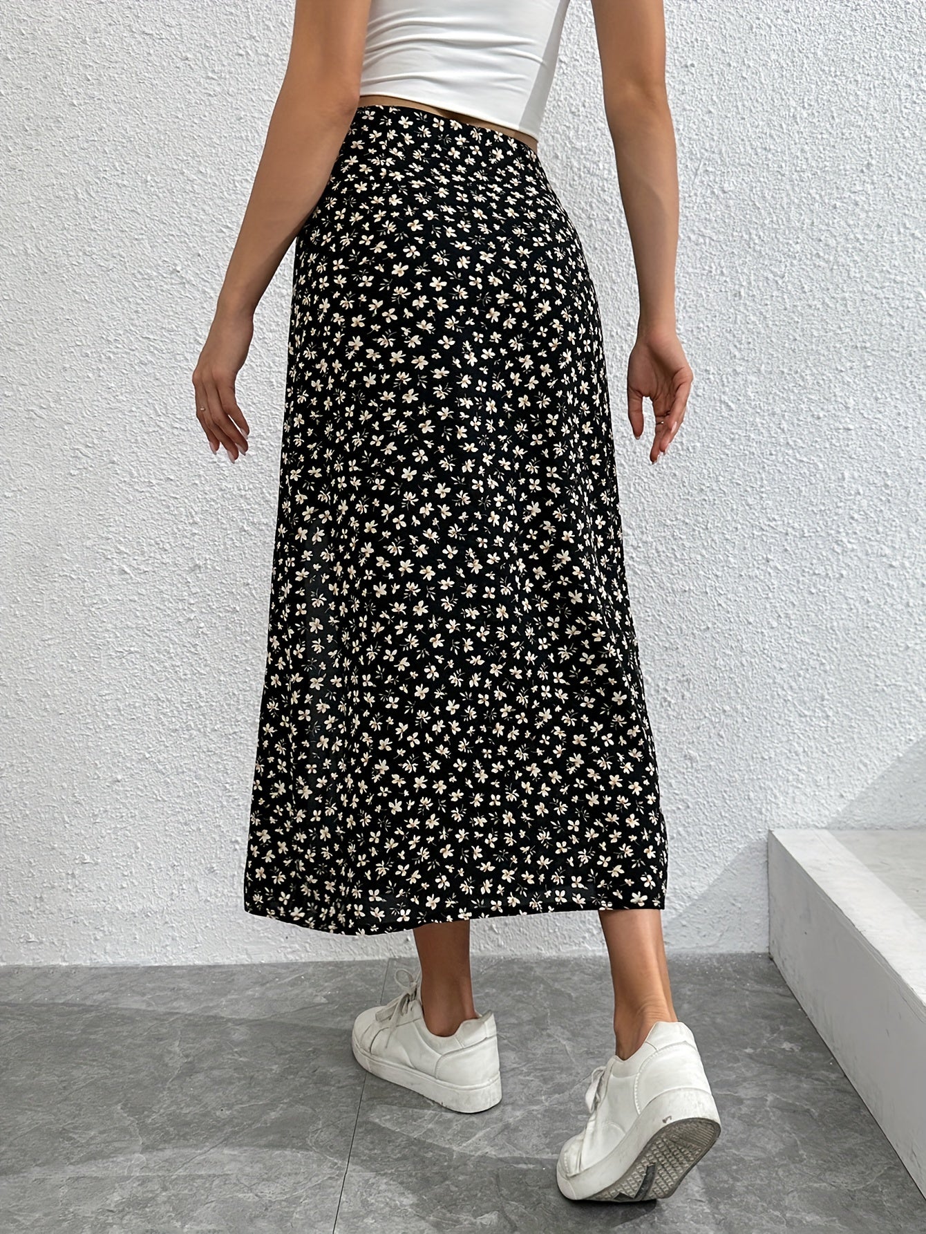 Floral Print Split Skirt High Waist