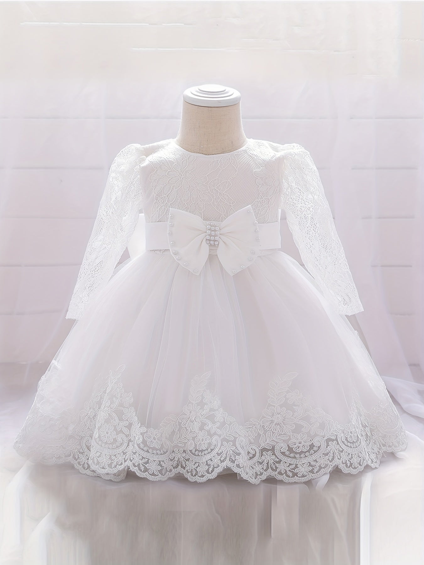 Bow Princess Gown Dress Girls Long Sleeve Lace Floral Stitching One Year's Dress