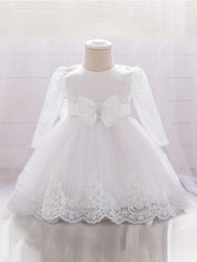 Bow Princess Gown Dress Girls Long Sleeve Lace Floral Stitching One Year's Dress