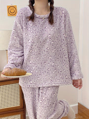 Leopard Print Lounge Set Crew Neck Top & Pants Women's Loungewear