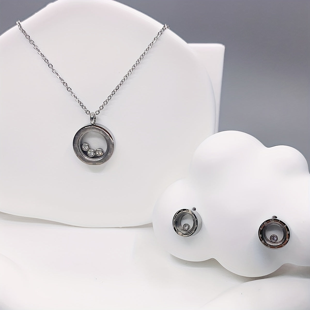 3pcs Round Shape Rhinestone Stainless Steel Jewelry Set