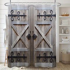 Gray Barn Door Vintage Fabric Shower Curtain Waterproof w/ Plastic Hooks