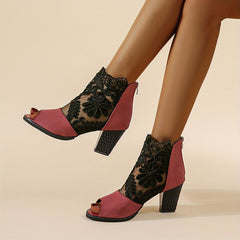 Floral Lace Block Heel Sandals Peep Toe High Heels