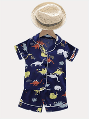 Boys Dinosaur Pajama Set Short Sleeves & Bottoms Cozy Homewear