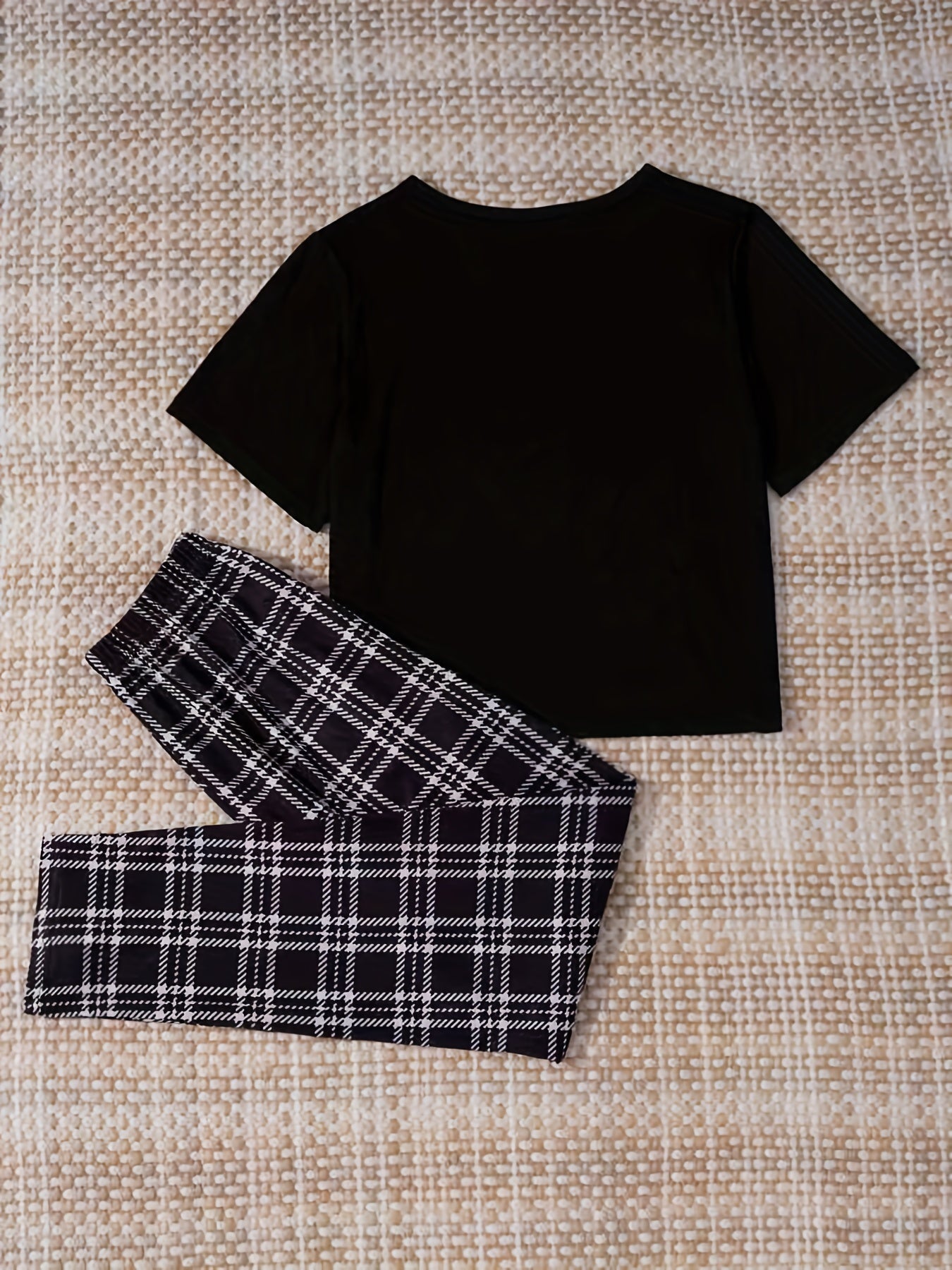 Letter Print Pajama Set Short Sleeve Crew Neck Top Plaid Pants