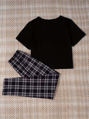 Letter Print Pajama Set Short Sleeve Crew Neck Top Plaid Pants