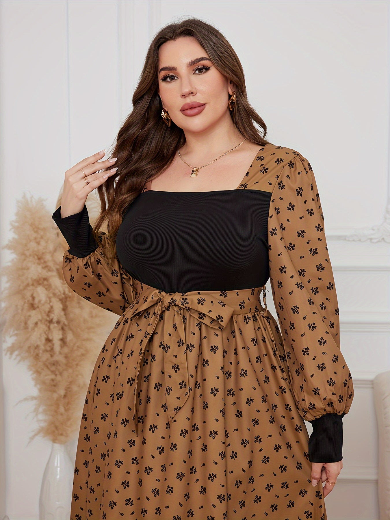 Colorblock Floral Lantern Sleeve Maxi Dress