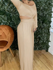 Sexy Cut Out Knot Front Crop Top & Wide Leg Pants Two Piece Set