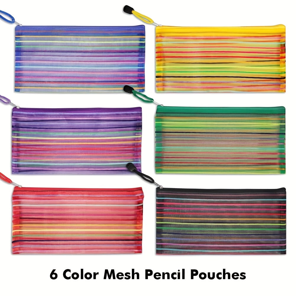 6pcs Plastic Pencil Case Zipper Mesh Bag Office Pen Cosmetic Makeup Bag
