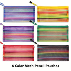 6pcs Plastic Pencil Case Zipper Mesh Bag Office Pen Cosmetic Makeup Bag
