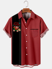 Men's Red Striped Lapel Shirt with Santa Print