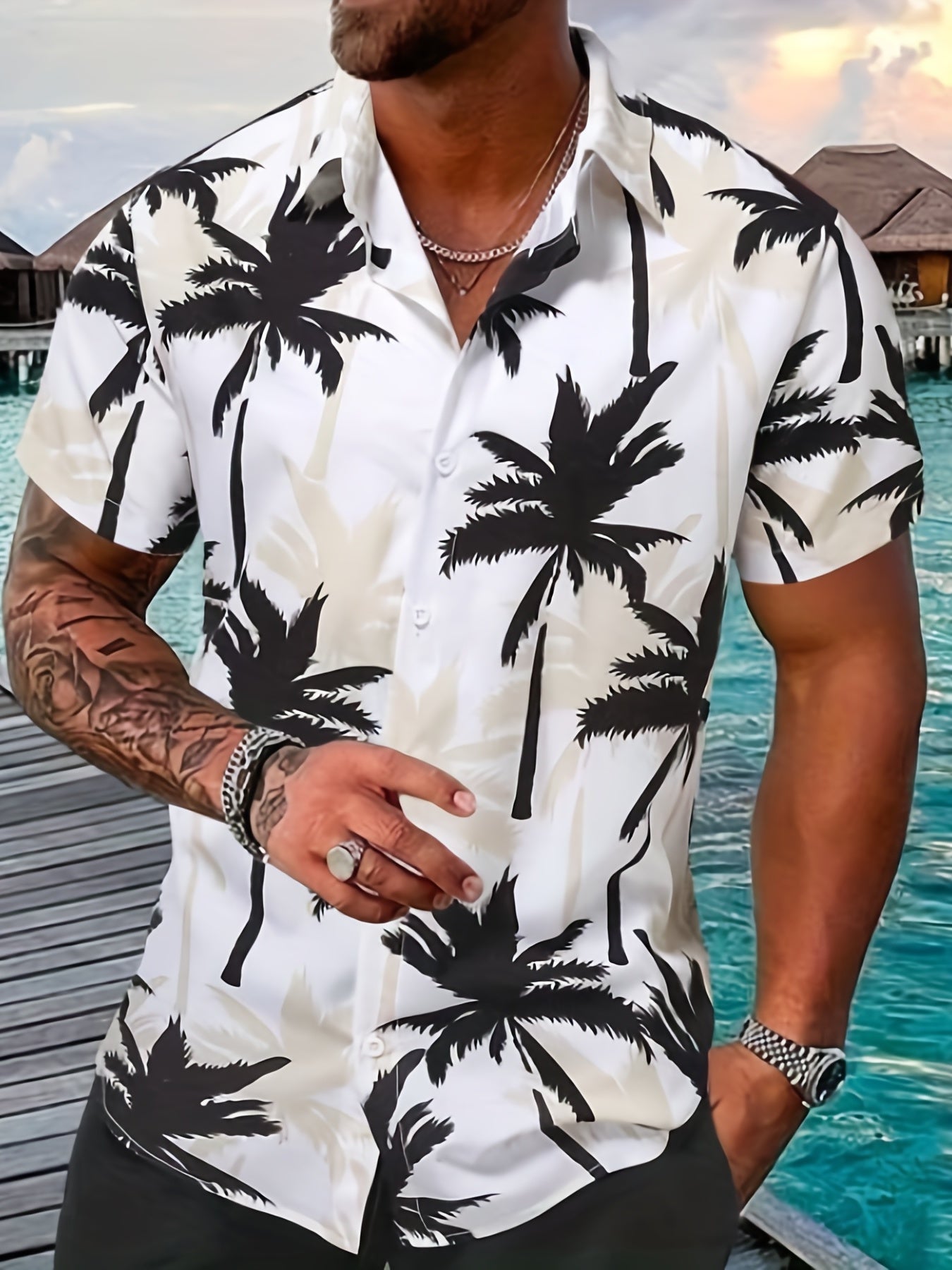 Coconut Tree & Vintage Car Print Men's Short Sleeve Shirt