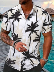 Coconut Tree & Vintage Car Print Men's Short Sleeve Shirt