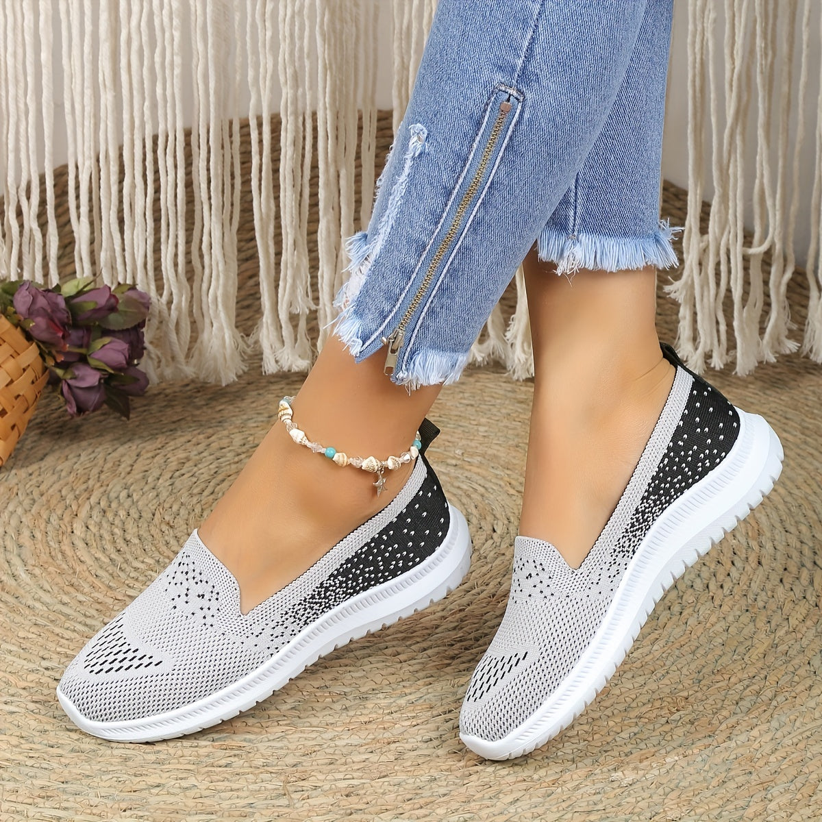 Women's Casual Knit Walking Shoes Low Top Slip On Flat Outdoor Shoes