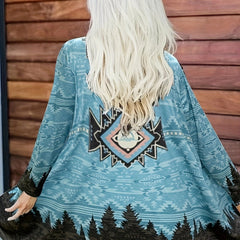 Boho Cardigan Women's Plus Colorblock Print Long Sleeve Open Front