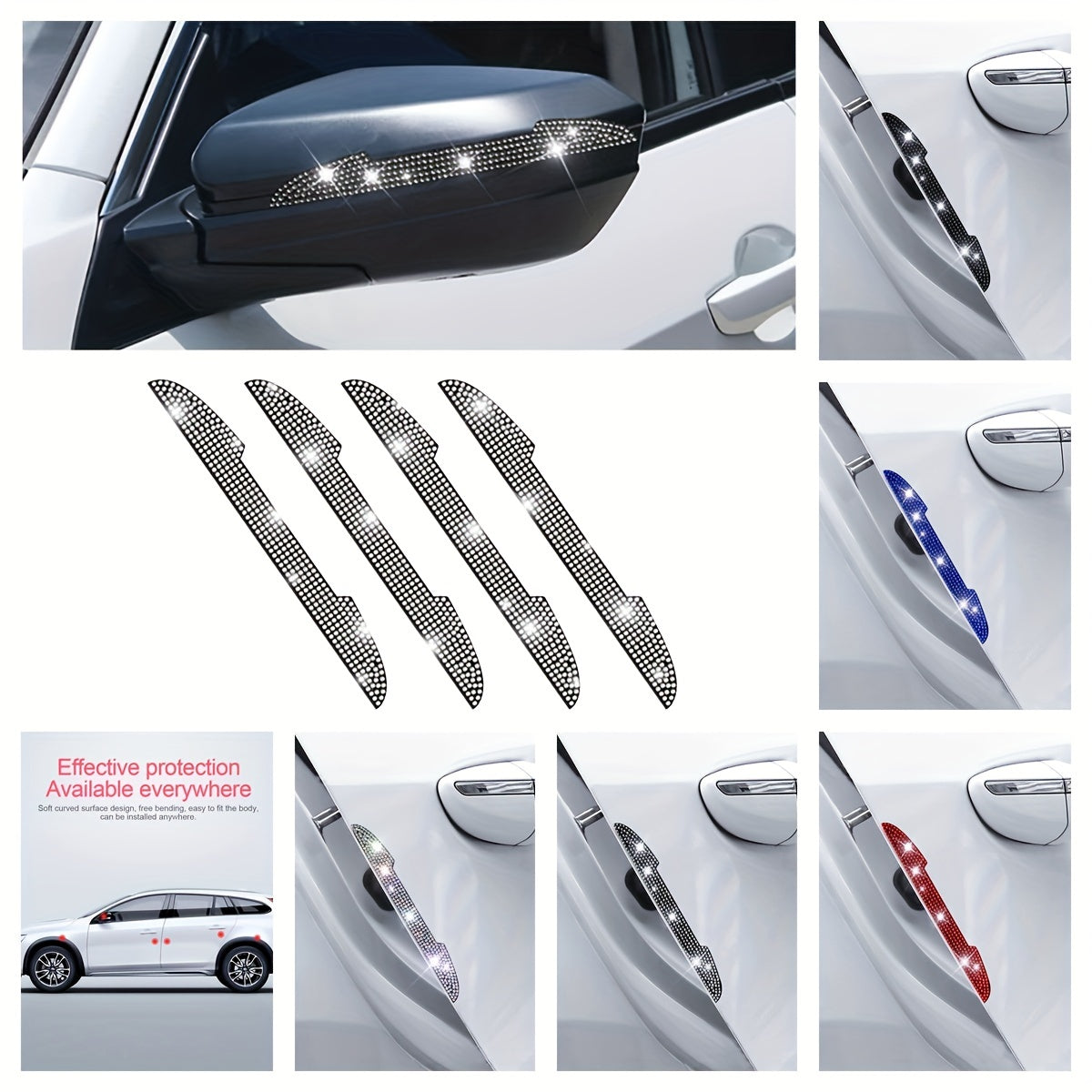 4Pcs Bling Car Door Sticker Scratch Resistant Protector Strip Handle Guard Film