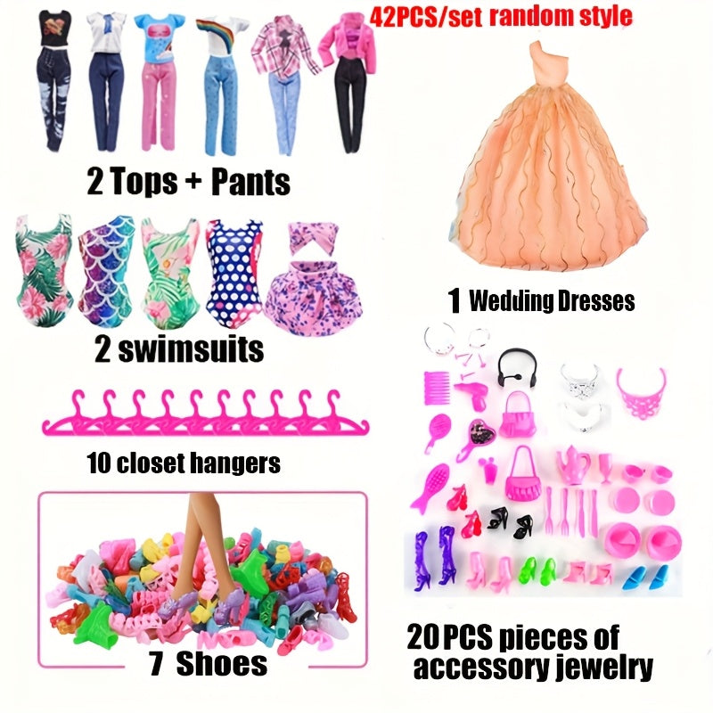 11-Piece Doll Dress Up Set with Gowns, Tops, Pants, Bikinis, Skirts & Hangers