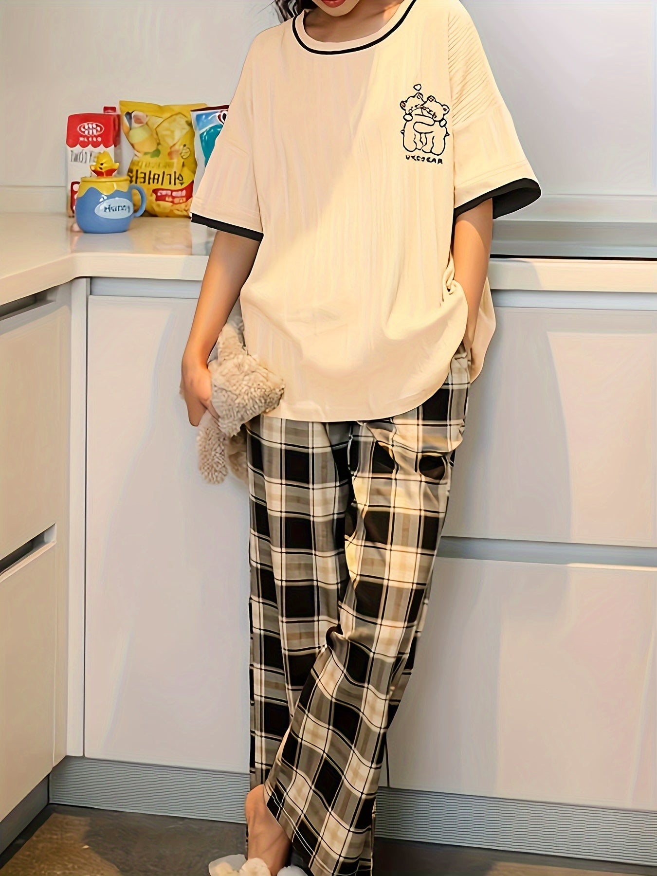 Bear Print Pajama Set Short Sleeve Top & Plaid Pants