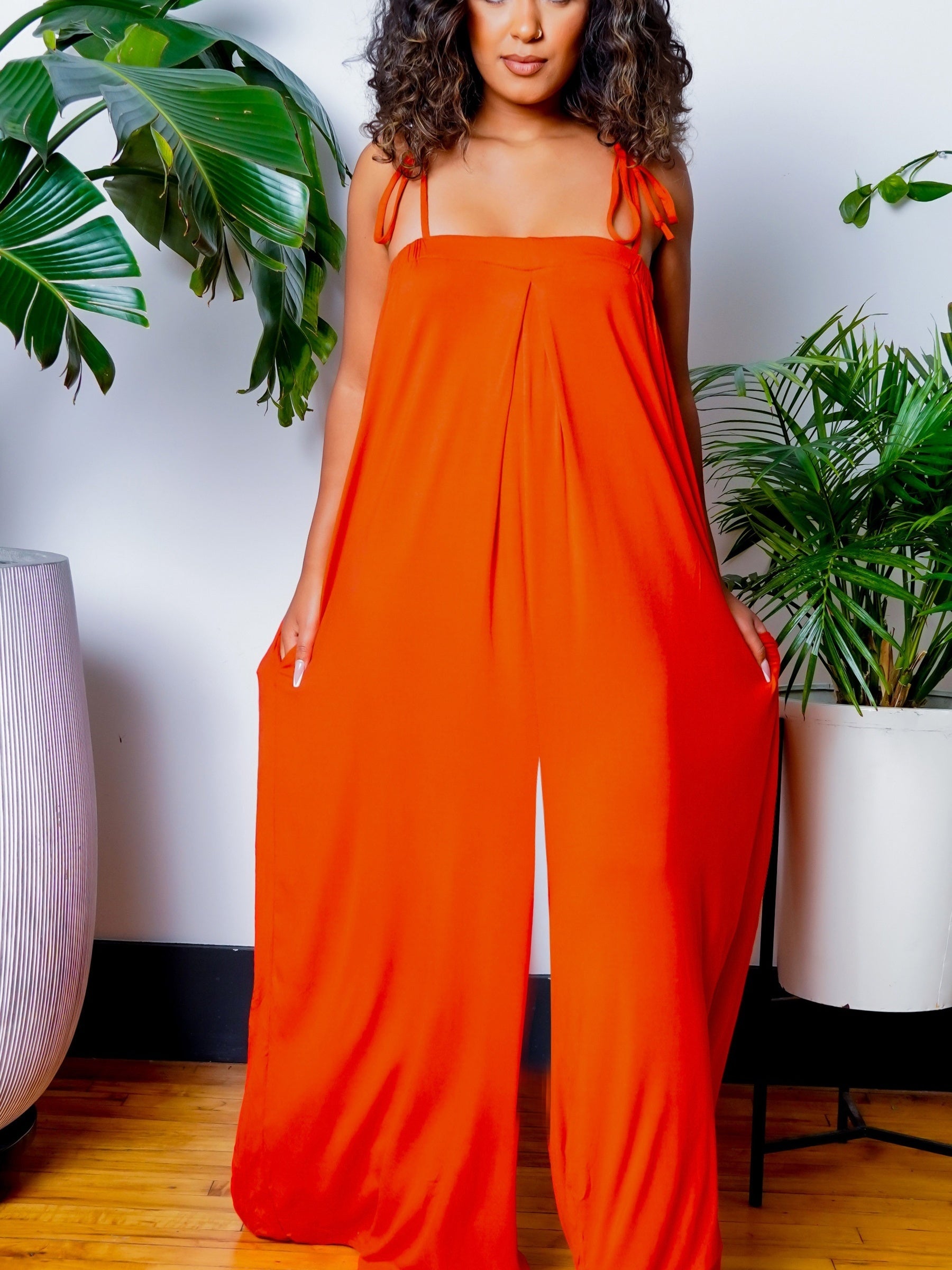 Solid Spaghetti Jumpsuit Casual Sleeveless Ruched Summer Loose Jumpsuit